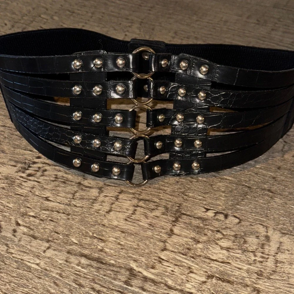 Y2K Goth Wide Elastic Waist Belt Studded O Ring Faux Croc Moto Corset